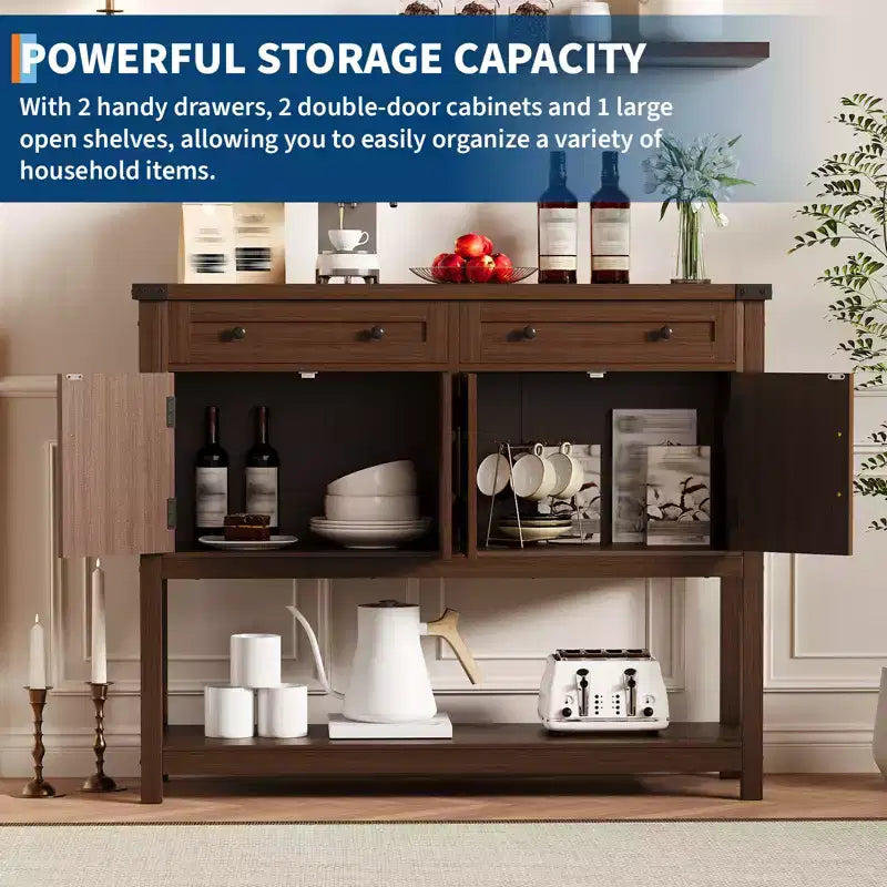 47.2" Farmhouse Sideboard Buffet Cabinet with Drawers, Barn Doors & Shelves, Narrow Buffet for Dining Room