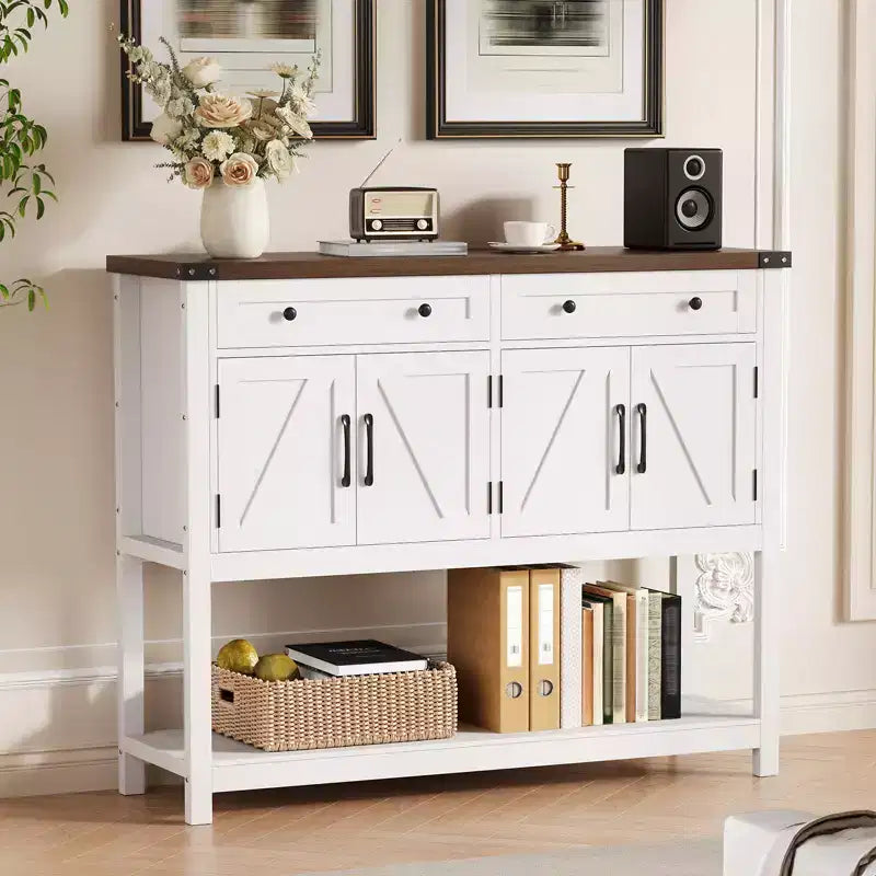 47.2" Farmhouse Sideboard Buffet Cabinet with Drawers, Barn Doors & Shelves, Narrow Buffet for Dining Room