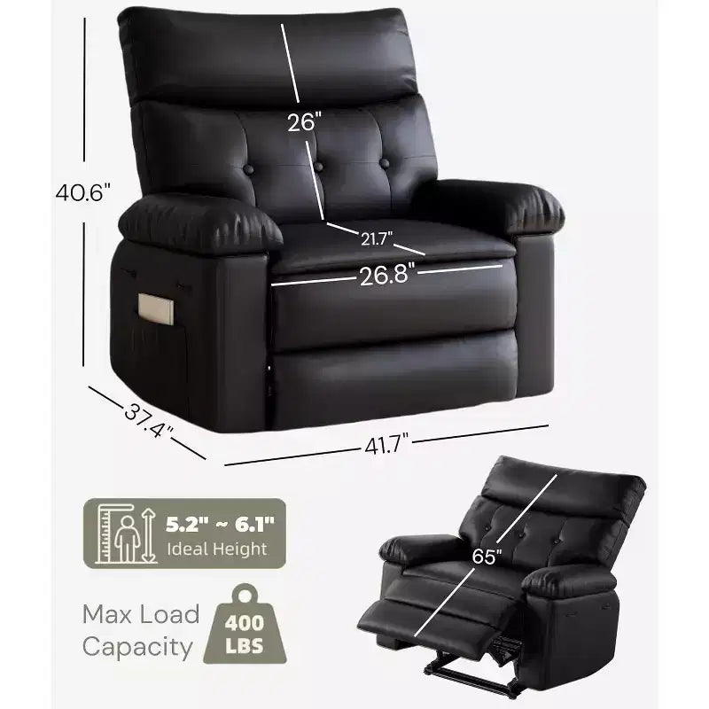 Oversized Manual Recliner Chair, Large PU Leather Lazy Chair for Adults with 1.5X Sponge Filling, Heat & Massage Functions - Black