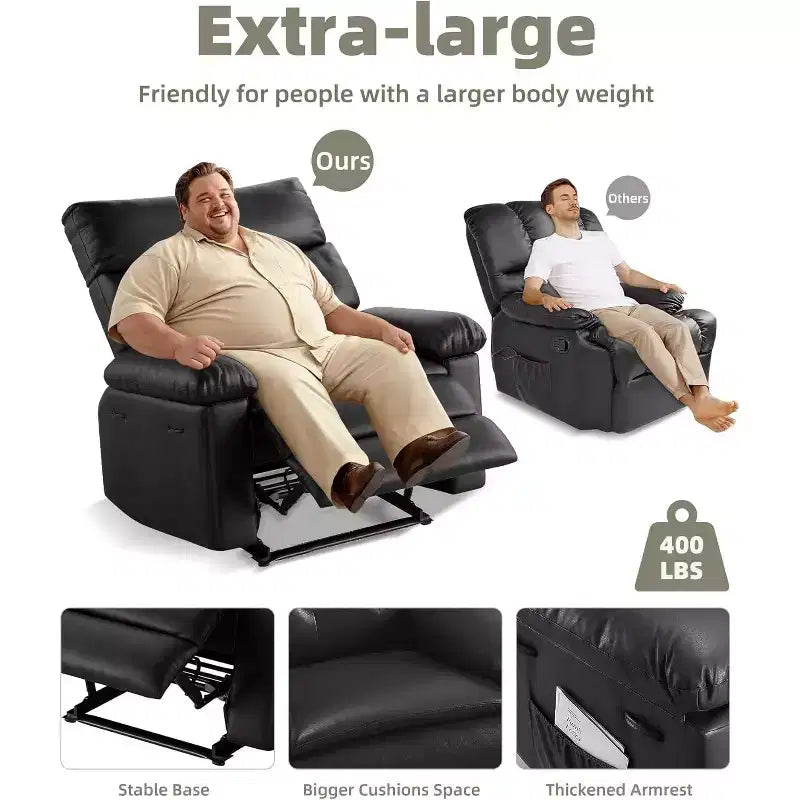 Oversized Manual Recliner Chair, Large PU Leather Lazy Chair for Adults with 1.5X Sponge Filling, Heat & Massage Functions - Black