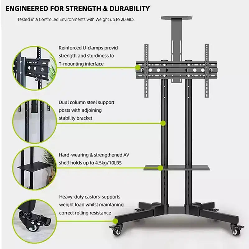 Mobile TV Stand For 32-65 Inch TVs, -15~+15 Tilt TV Cart Holds Up To 110Lbs, Rolling Mobile Floor Movable Monitor Holder W/Laptop Shelf For Home