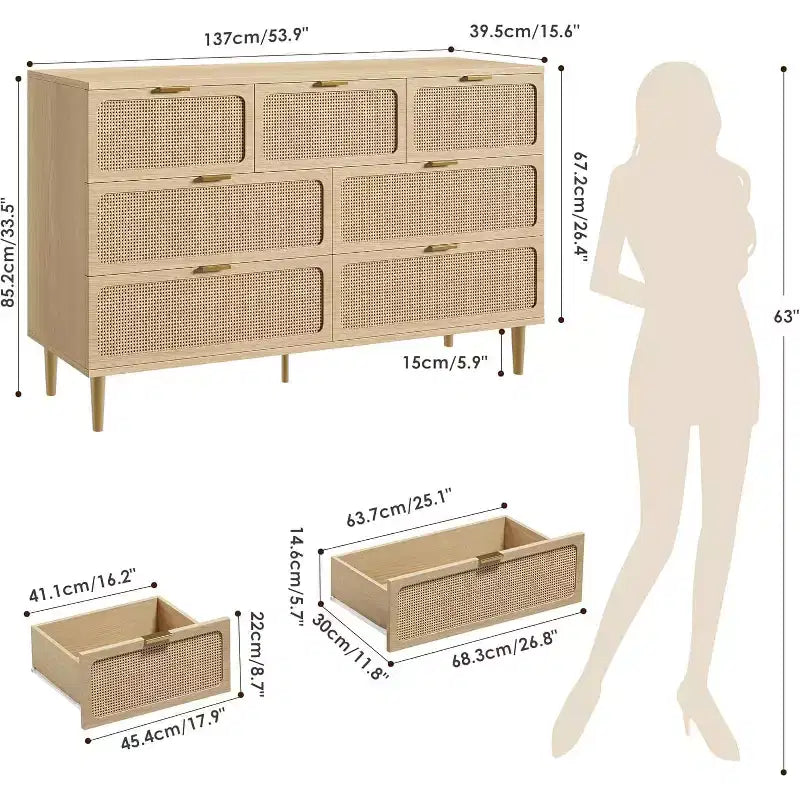 7-Drawer Rattan Dresser, Tall Wood Chest with Wide Top and Deep Storage for Bedroom, Living Room, Hallway, Black