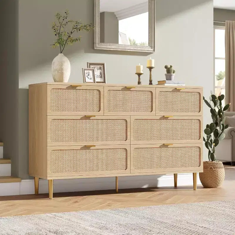 7-Drawer Rattan Dresser, Tall Wood Chest with Wide Top and Deep Storage for Bedroom, Living Room, Hallway, Black