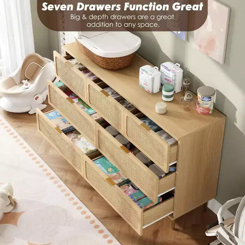 7-Drawer Rattan Dresser, Tall Wood Chest with Wide Top and Deep Storage for Bedroom, Living Room, Hallway, Black