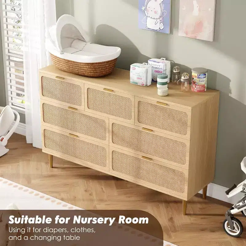 7-Drawer Rattan Dresser, Tall Wood Chest with Wide Top and Deep Storage for Bedroom, Living Room, Hallway, Black