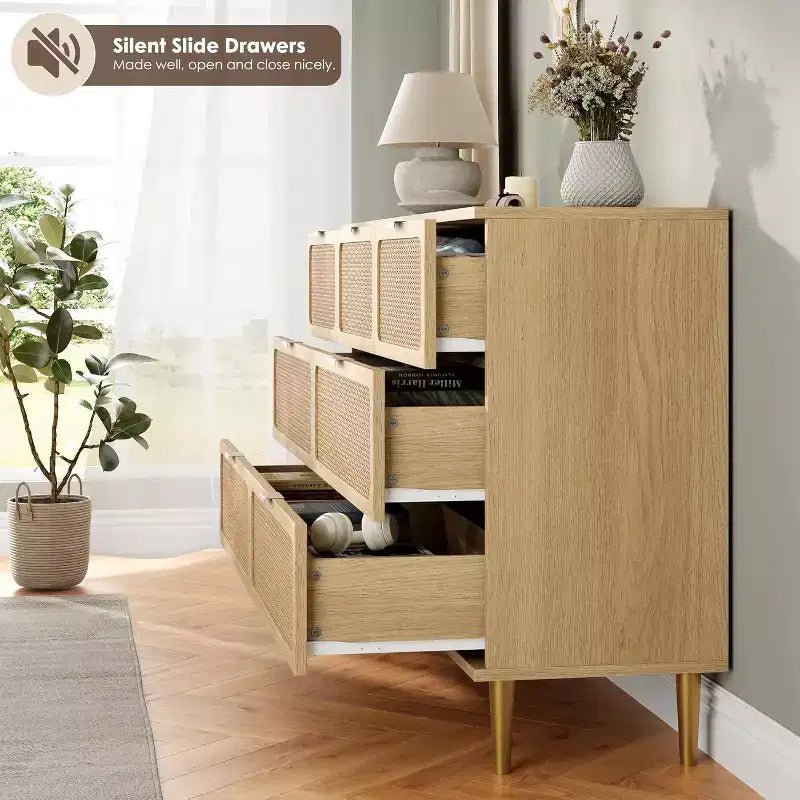 7-Drawer Rattan Dresser, Tall Wood Chest with Wide Top and Deep Storage for Bedroom, Living Room, Hallway, Black