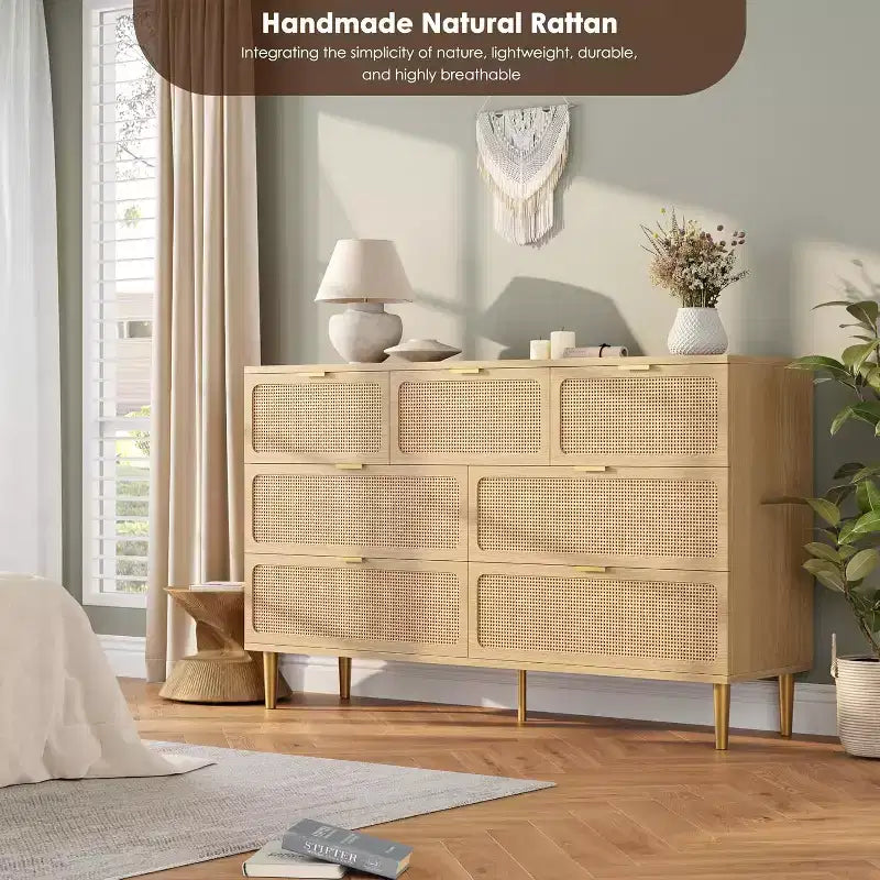7-Drawer Rattan Dresser, Tall Wood Chest with Wide Top and Deep Storage for Bedroom, Living Room, Hallway, Black