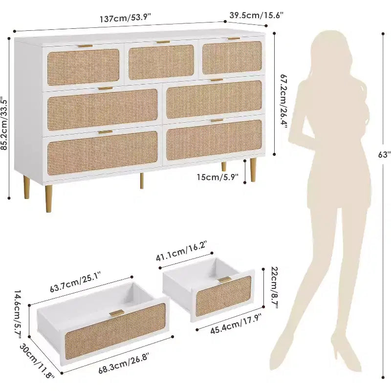 7-Drawer Rattan Dresser, Tall Wood Chest with Wide Top and Deep Storage for Bedroom, Living Room, Hallway, Black