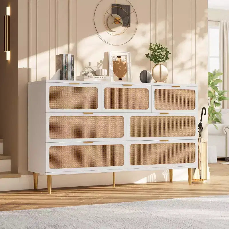 7-Drawer Rattan Dresser, Tall Wood Chest with Wide Top and Deep Storage for Bedroom, Living Room, Hallway, Black