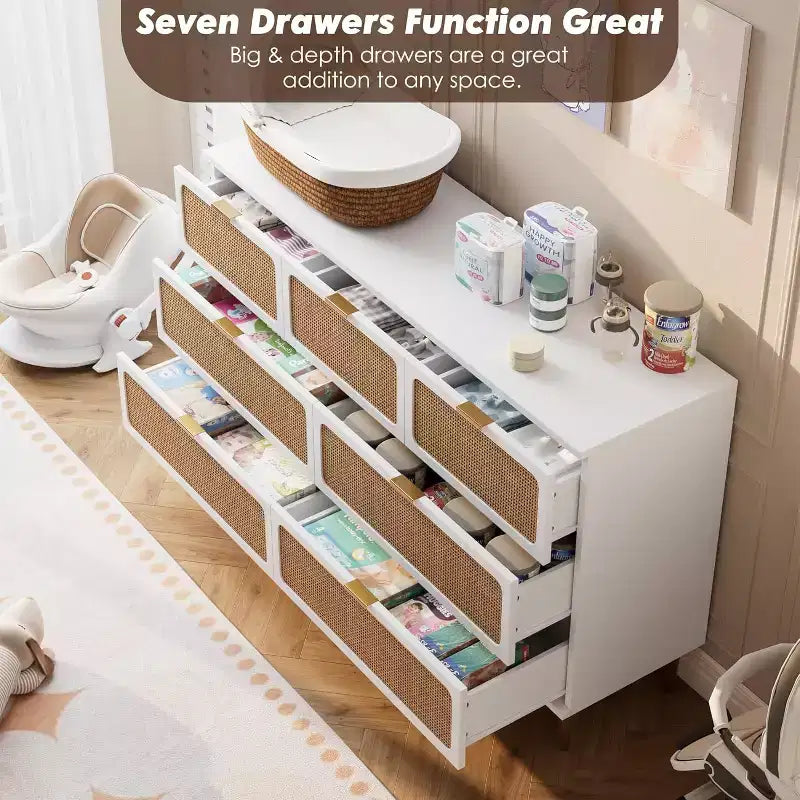 7-Drawer Rattan Dresser, Tall Wood Chest with Wide Top and Deep Storage for Bedroom, Living Room, Hallway, Black