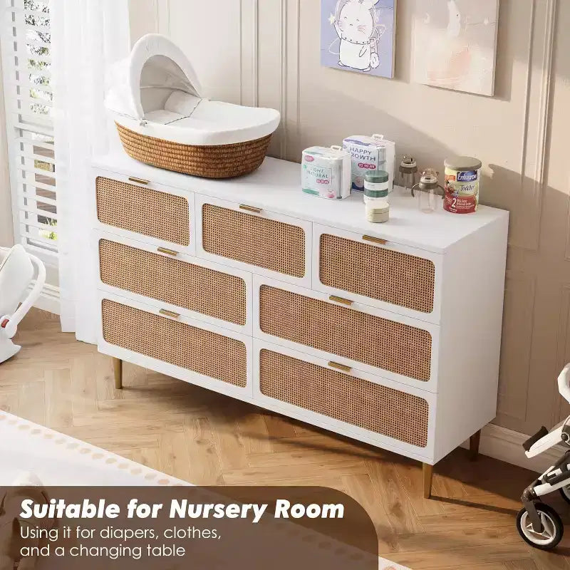 7-Drawer Rattan Dresser, Tall Wood Chest with Wide Top and Deep Storage for Bedroom, Living Room, Hallway, Black
