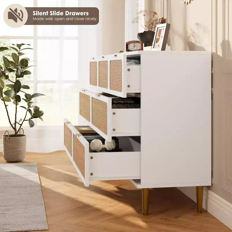 7-Drawer Rattan Dresser, Tall Wood Chest with Wide Top and Deep Storage for Bedroom, Living Room, Hallway, Black