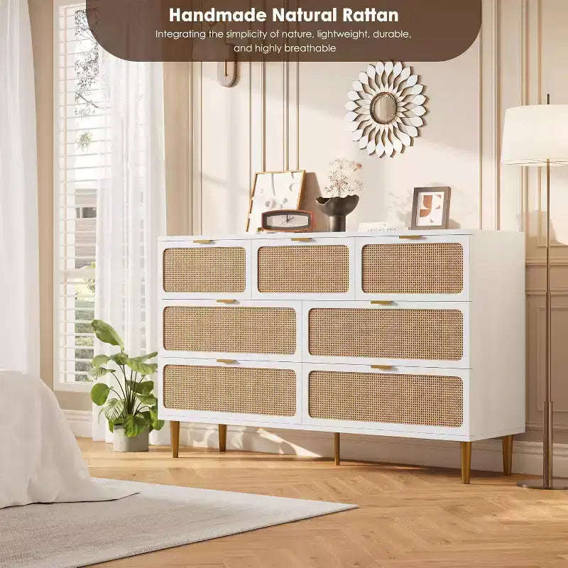 7-Drawer Rattan Dresser, Tall Wood Chest with Wide Top and Deep Storage for Bedroom, Living Room, Hallway, Black