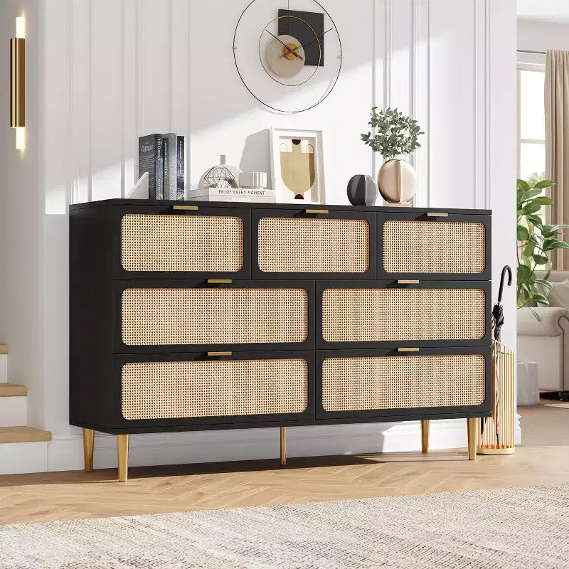 7-Drawer Rattan Dresser, Tall Wood Chest with Wide Top and Deep Storage for Bedroom, Living Room, Hallway, Black