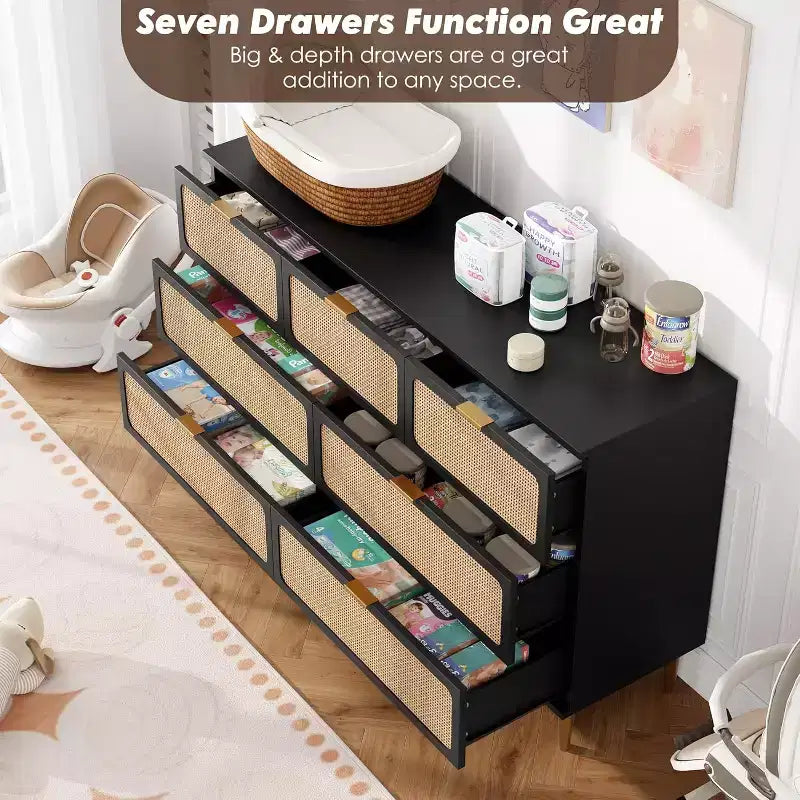 7-Drawer Rattan Dresser, Tall Wood Chest with Wide Top and Deep Storage for Bedroom, Living Room, Hallway, Black