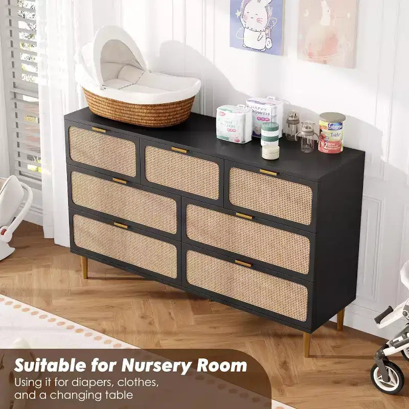 7-Drawer Rattan Dresser, Tall Wood Chest with Wide Top and Deep Storage for Bedroom, Living Room, Hallway, Black
