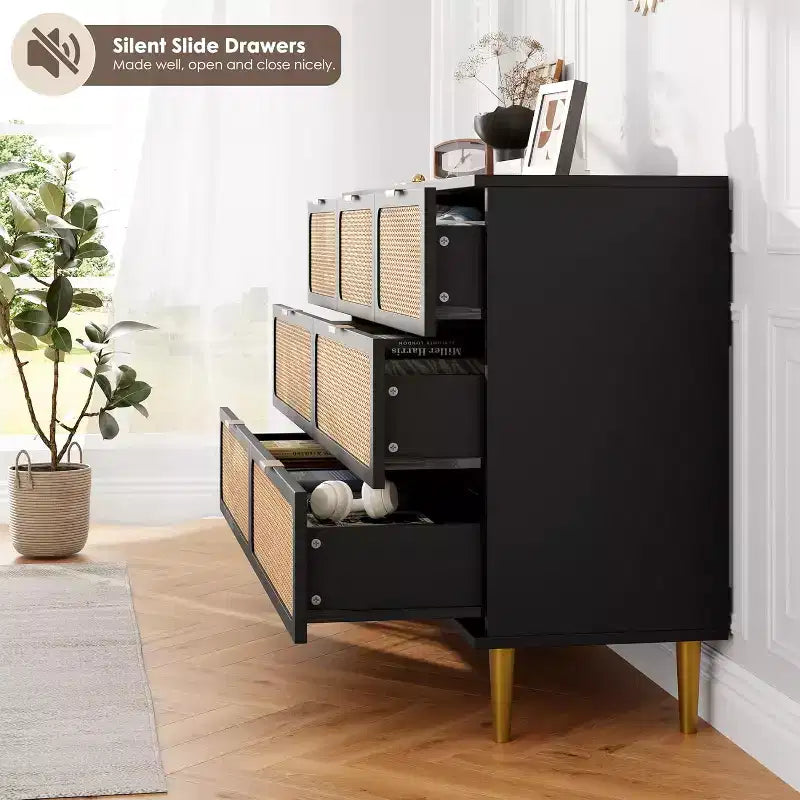 7-Drawer Rattan Dresser, Tall Wood Chest with Wide Top and Deep Storage for Bedroom, Living Room, Hallway, Black