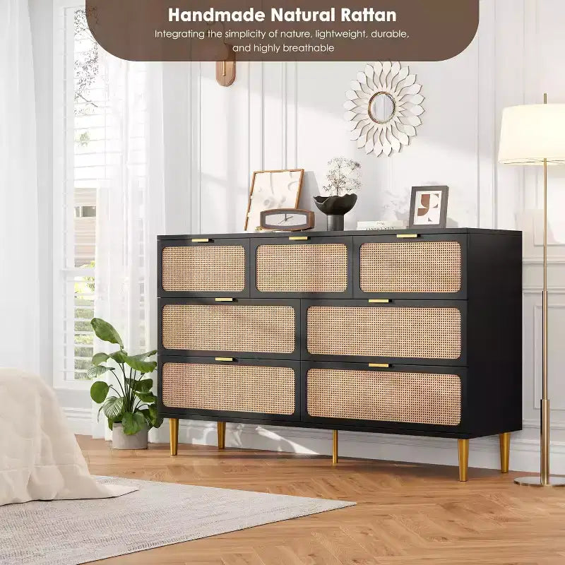 7-Drawer Rattan Dresser, Tall Wood Chest with Wide Top and Deep Storage for Bedroom, Living Room, Hallway, Black