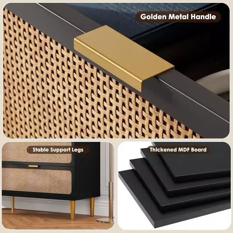 7-Drawer Rattan Dresser, Tall Wood Chest with Wide Top and Deep Storage for Bedroom, Living Room, Hallway, Black