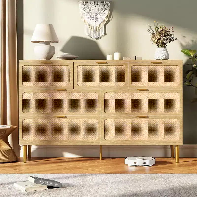 7-Drawer Rattan Dresser, Tall Wood Chest with Wide Top and Deep Storage for Bedroom, Living Room, Hallway, Black