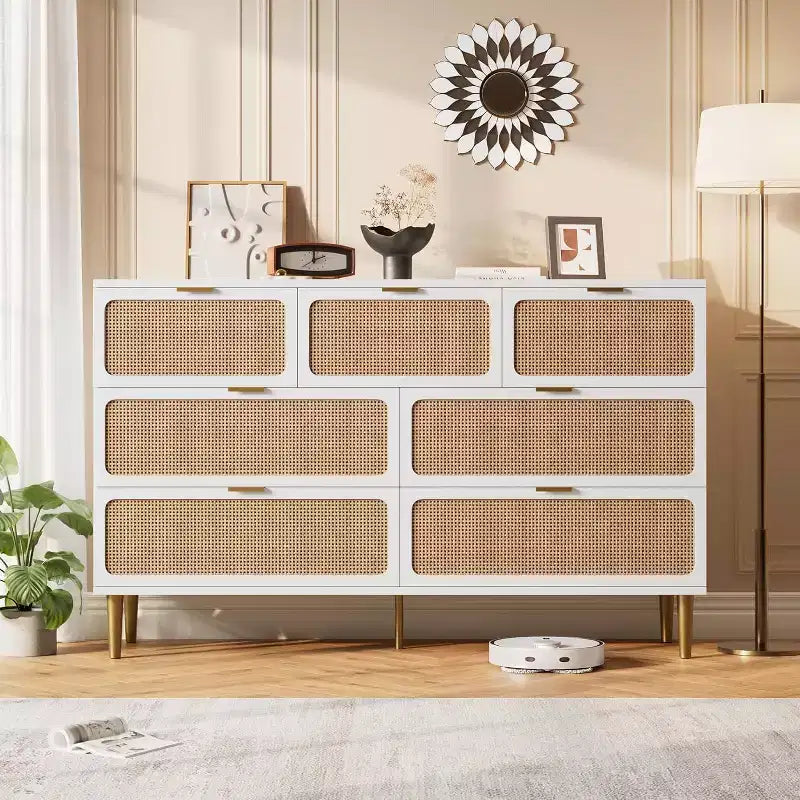 7-Drawer Rattan Dresser, Tall Wood Chest with Wide Top and Deep Storage for Bedroom, Living Room, Hallway, Black