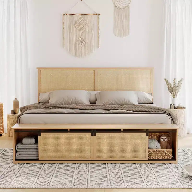 Natural Rattan Queen Bed Frame with Wooden Headboard & Storage Bench & LED Lights, App-Controlled Lighting, Noise Free, No Box Spring Needed