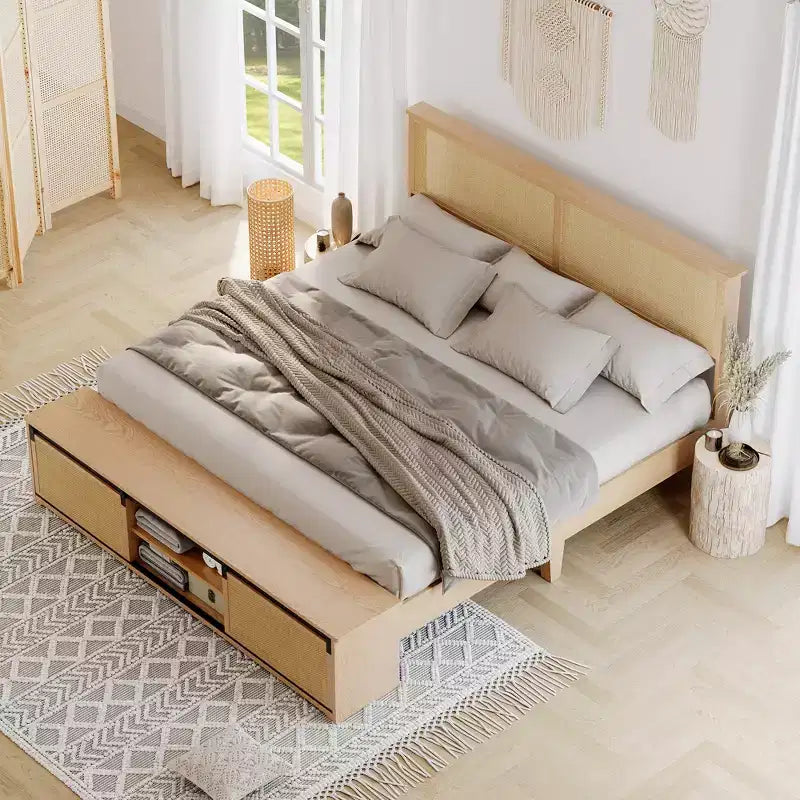 Natural Rattan Queen Bed Frame with Wooden Headboard & Storage Bench & LED Lights, App-Controlled Lighting, Noise Free, No Box Spring Needed