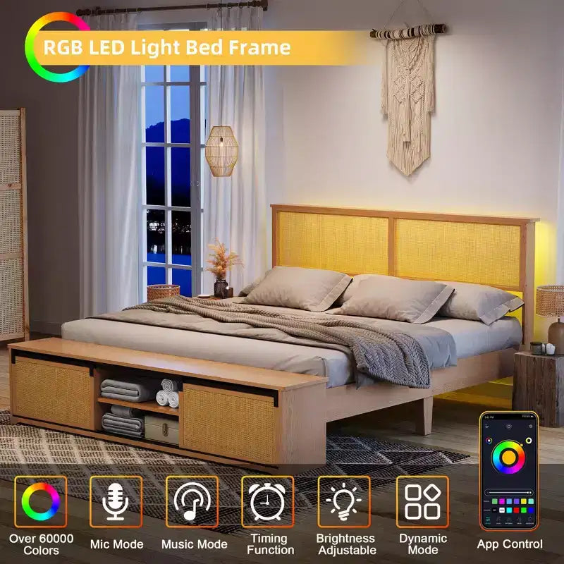 Natural Rattan Queen Bed Frame with Wooden Headboard & Storage Bench & LED Lights, App-Controlled Lighting, Noise Free, No Box Spring Needed