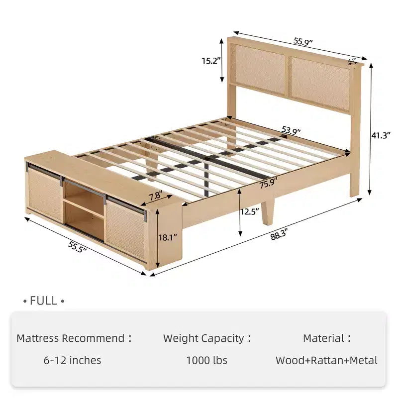 Natural Rattan Queen Bed Frame with Wooden Headboard & Storage Bench & LED Lights, App-Controlled Lighting, Noise Free, No Box Spring Needed