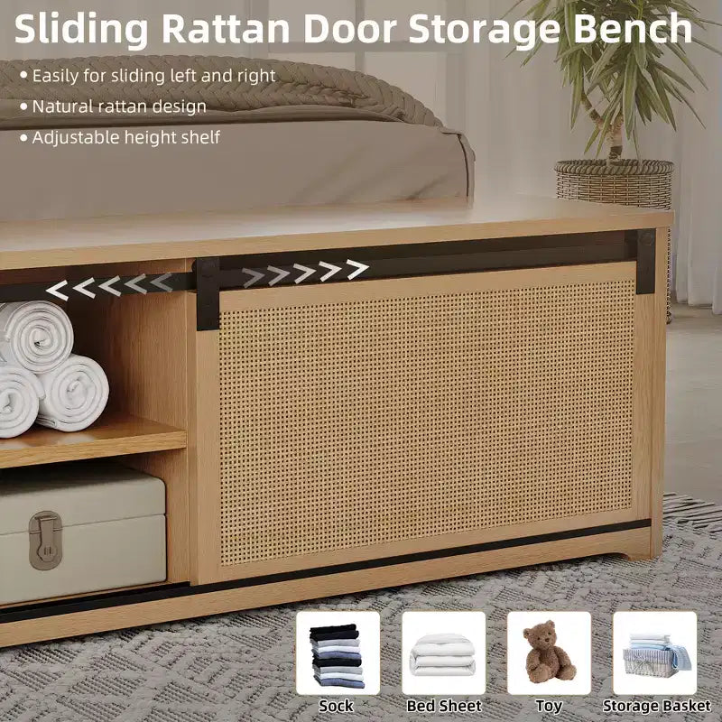 Natural Rattan Queen Bed Frame with Wooden Headboard & Storage Bench & LED Lights, App-Controlled Lighting, Noise Free, No Box Spring Needed