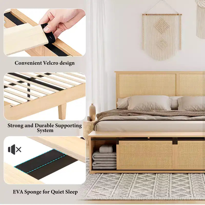 Natural Rattan Queen Bed Frame with Wooden Headboard & Storage Bench & LED Lights, App-Controlled Lighting, Noise Free, No Box Spring Needed