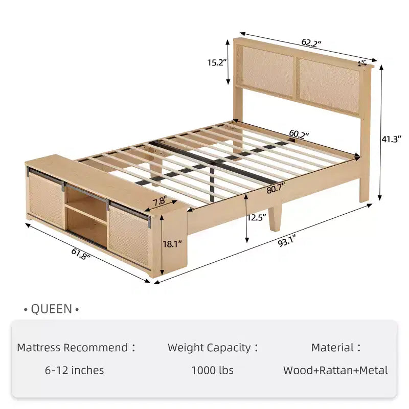 Natural Rattan Queen Bed Frame with Wooden Headboard & Storage Bench & LED Lights, App-Controlled Lighting, Noise Free, No Box Spring Needed