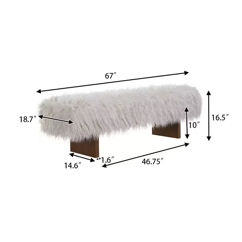 Upholstered Ottoman Bench, Long-Haired Faux Wool with Solid Rubber Wood Legs, Brown
