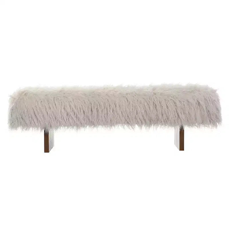Upholstered Ottoman Bench, Long-Haired Faux Wool with Solid Rubber Wood Legs, Brown