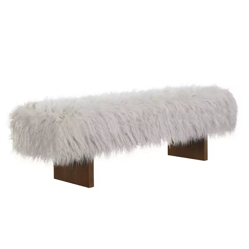 Upholstered Ottoman Bench, Long-Haired Faux Wool with Solid Rubber Wood Legs, Brown