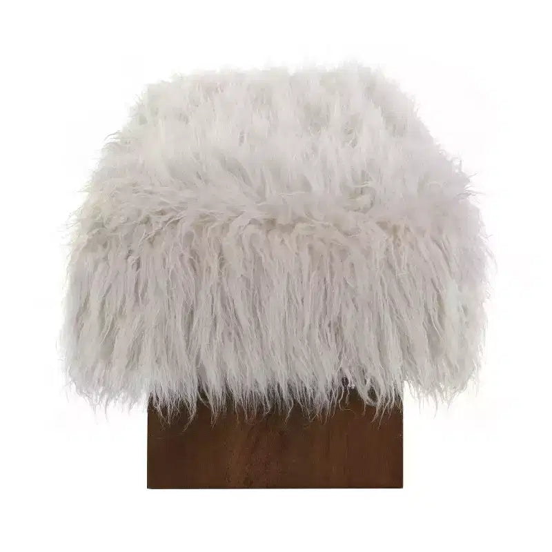 Upholstered Ottoman Bench, Long-Haired Faux Wool with Solid Rubber Wood Legs, Brown