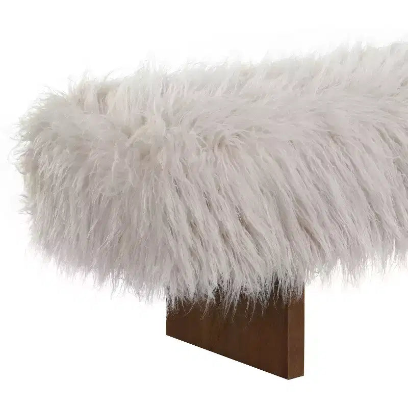 Upholstered Ottoman Bench, Long-Haired Faux Wool with Solid Rubber Wood Legs, Brown