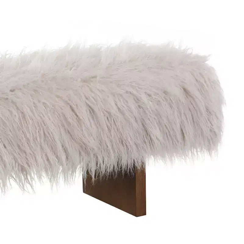 Upholstered Ottoman Bench, Long-Haired Faux Wool with Solid Rubber Wood Legs, Brown