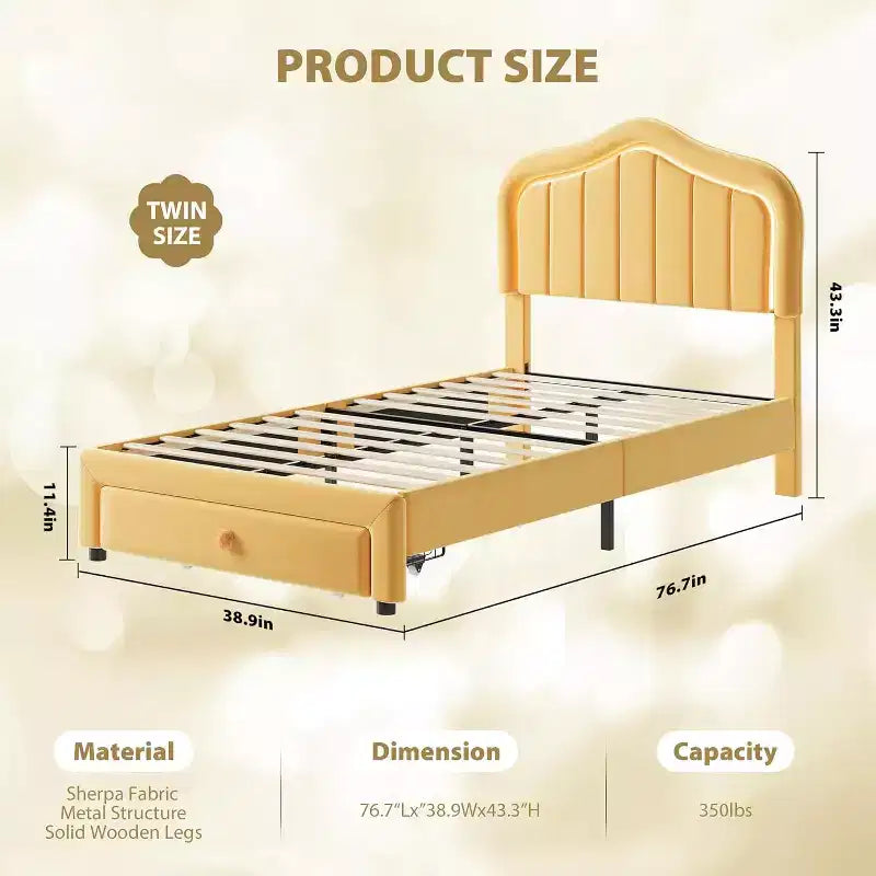 Twin Upholstered Bed Frame with Storage Drawer and Smart Led Headboard, Twin Size Platform for Kids, Wooden Slats Support, No Box Spring Needed