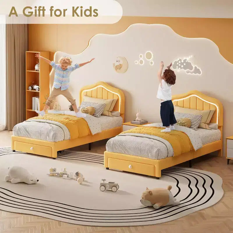 Twin Upholstered Bed Frame with Storage Drawer and Smart Led Headboard, Twin Size Platform for Kids, Wooden Slats Support, No Box Spring Needed
