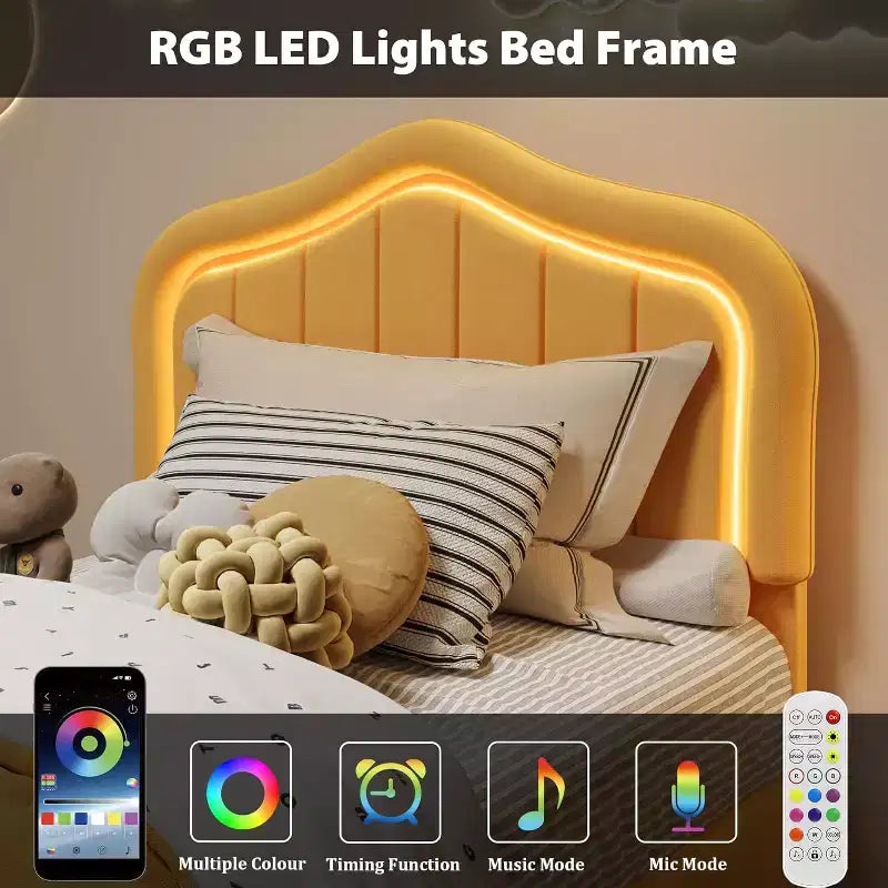 Twin Upholstered Bed Frame with Storage Drawer and Smart Led Headboard, Twin Size Platform for Kids, Wooden Slats Support, No Box Spring Needed