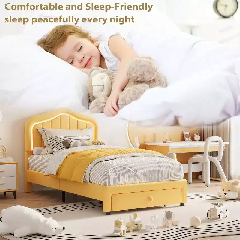 Twin Upholstered Bed Frame with Storage Drawer and Smart Led Headboard, Twin Size Platform for Kids, Wooden Slats Support, No Box Spring Needed