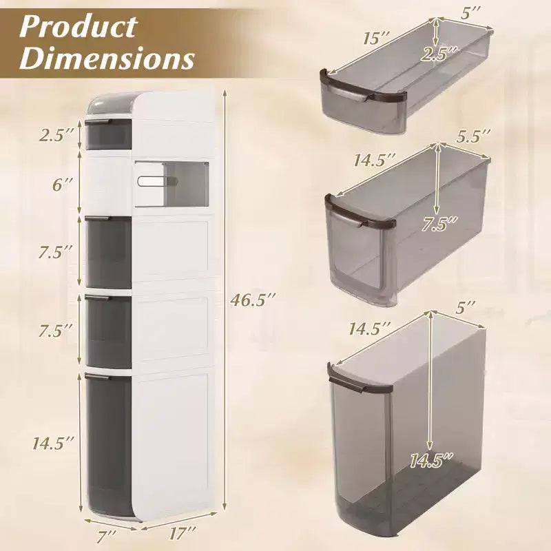 6-Tier Narrow Bathroom Storage Cabinet with Drawers, Tissue Box, and Wheels for Kitchen