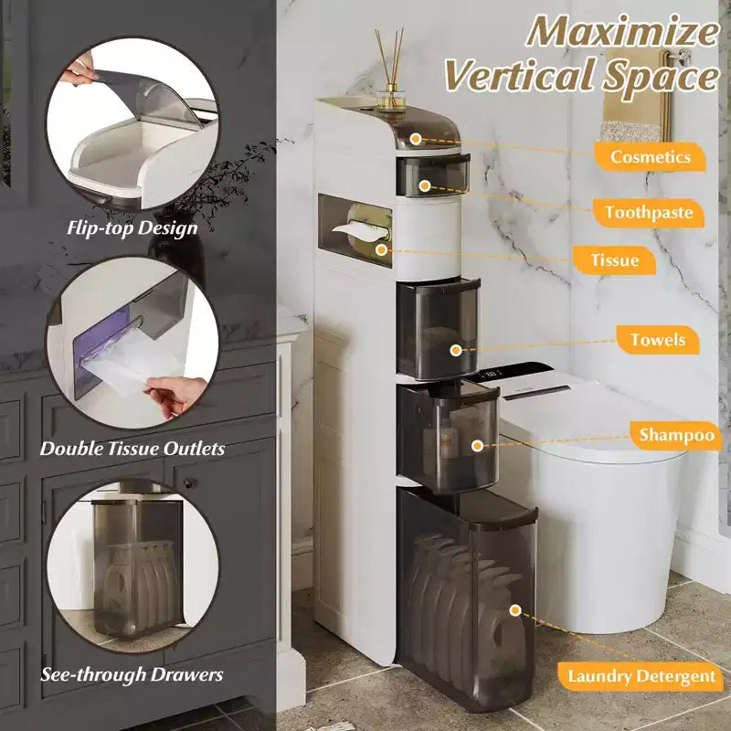 6-Tier Narrow Bathroom Storage Cabinet with Drawers, Tissue Box, and Wheels for Kitchen