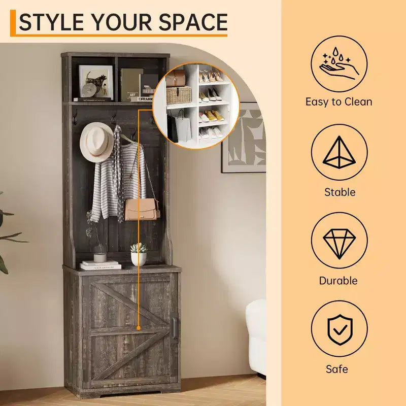 77 Modern Hall Tree with Shoe Storage & Coat Rack - Sturdy Mudroom Organizer for Entryway, Hallway | Freestanding Cabinet & Hanger