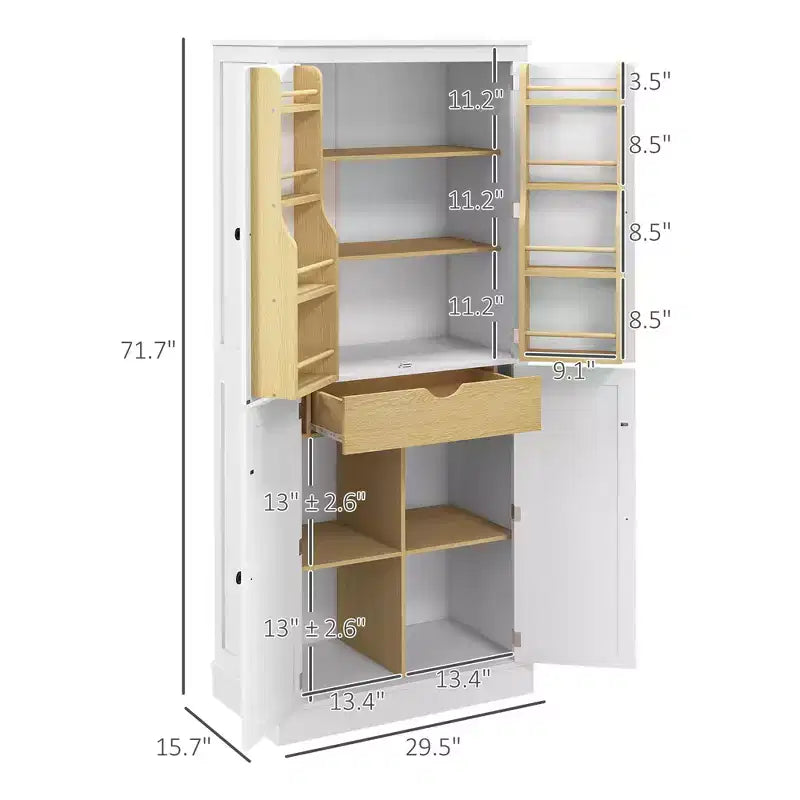 72" Kitchen Pantry Storage Cabinet with 5-Tier Shelving, 8 Spice Racks, and Drawer