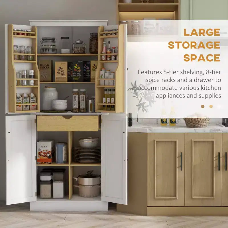 72" Kitchen Pantry Storage Cabinet with 5-Tier Shelving, 8 Spice Racks, and Drawer