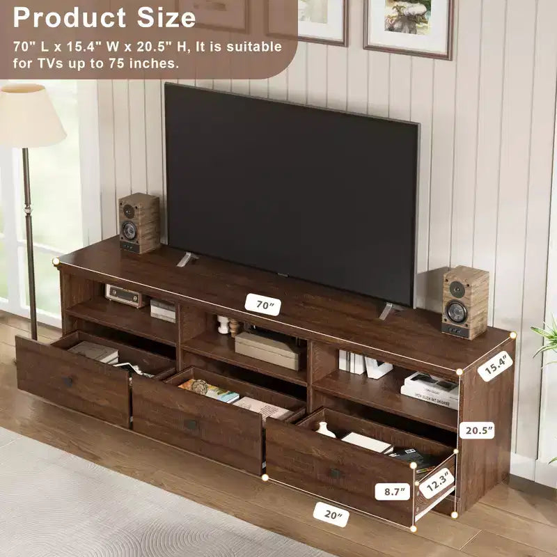 70" TV Stand, Mid Century Modern Entertainment Center with Storage Drawers and Open Shelves for Bedroom