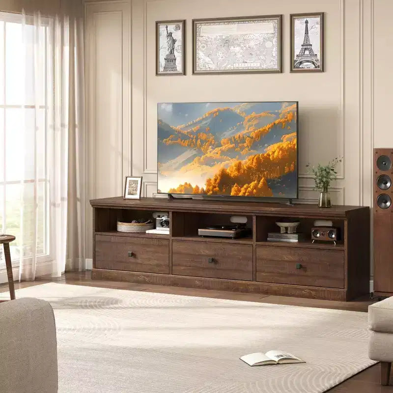 70" TV Stand, Mid Century Modern Entertainment Center with Storage Drawers and Open Shelves for Bedroom
