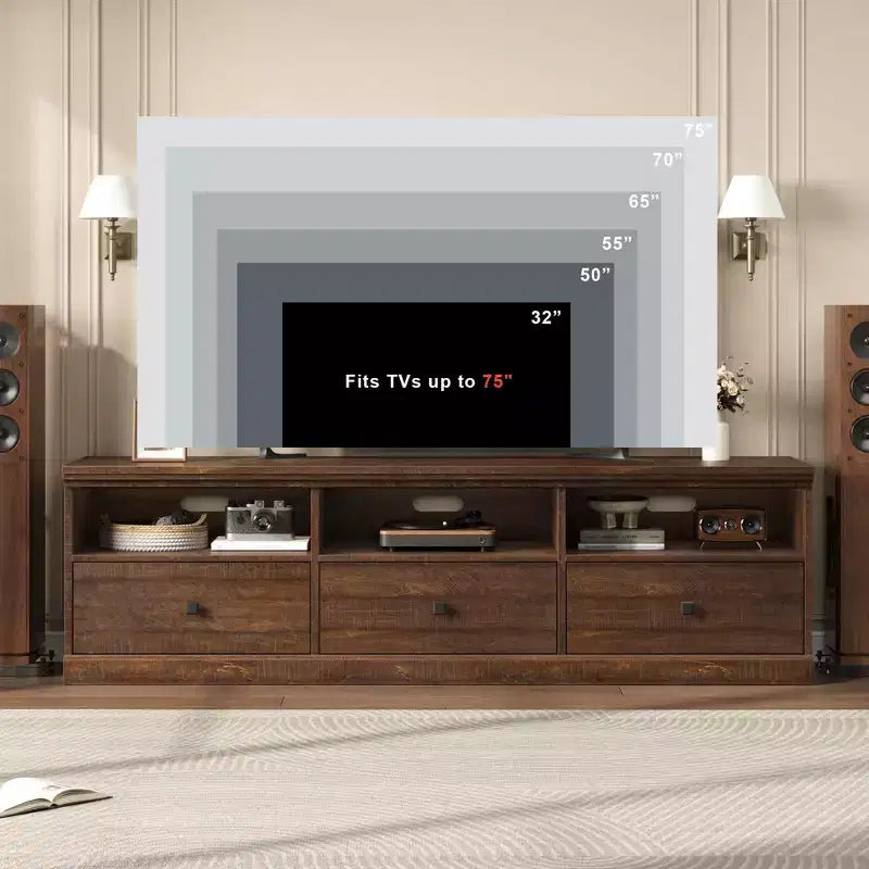70" TV Stand, Mid Century Modern Entertainment Center with Storage Drawers and Open Shelves for Bedroom